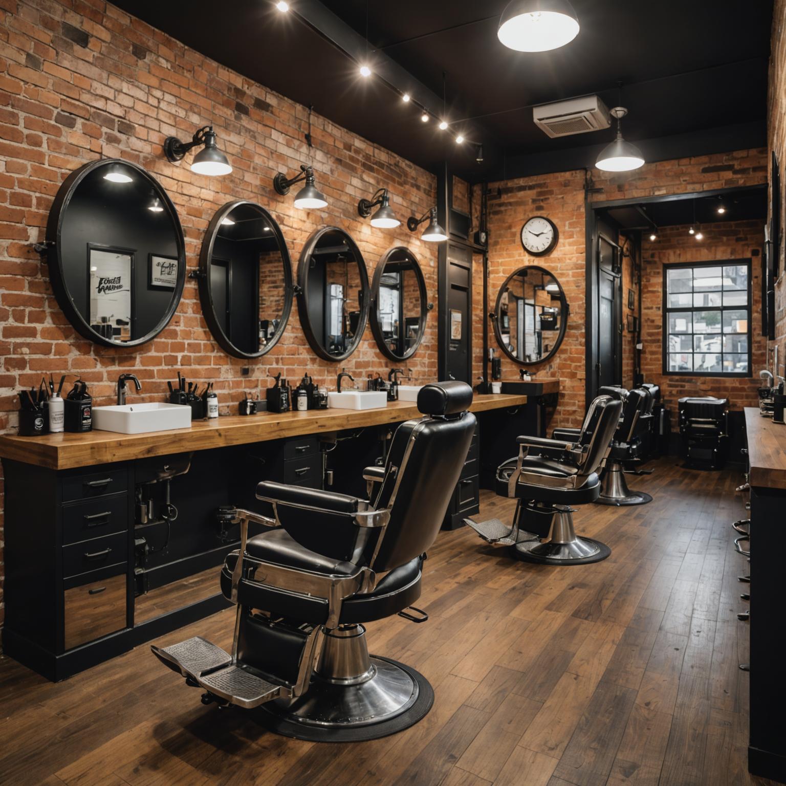 Inside an HMB Barbers shop — clean stations, warm lighting and barbers at work
