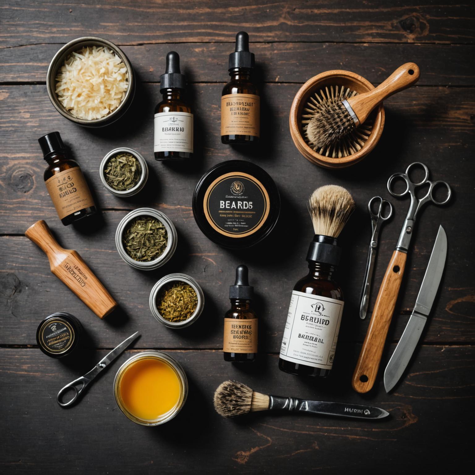 Well-groomed beard with trimming tools on a wooden surface