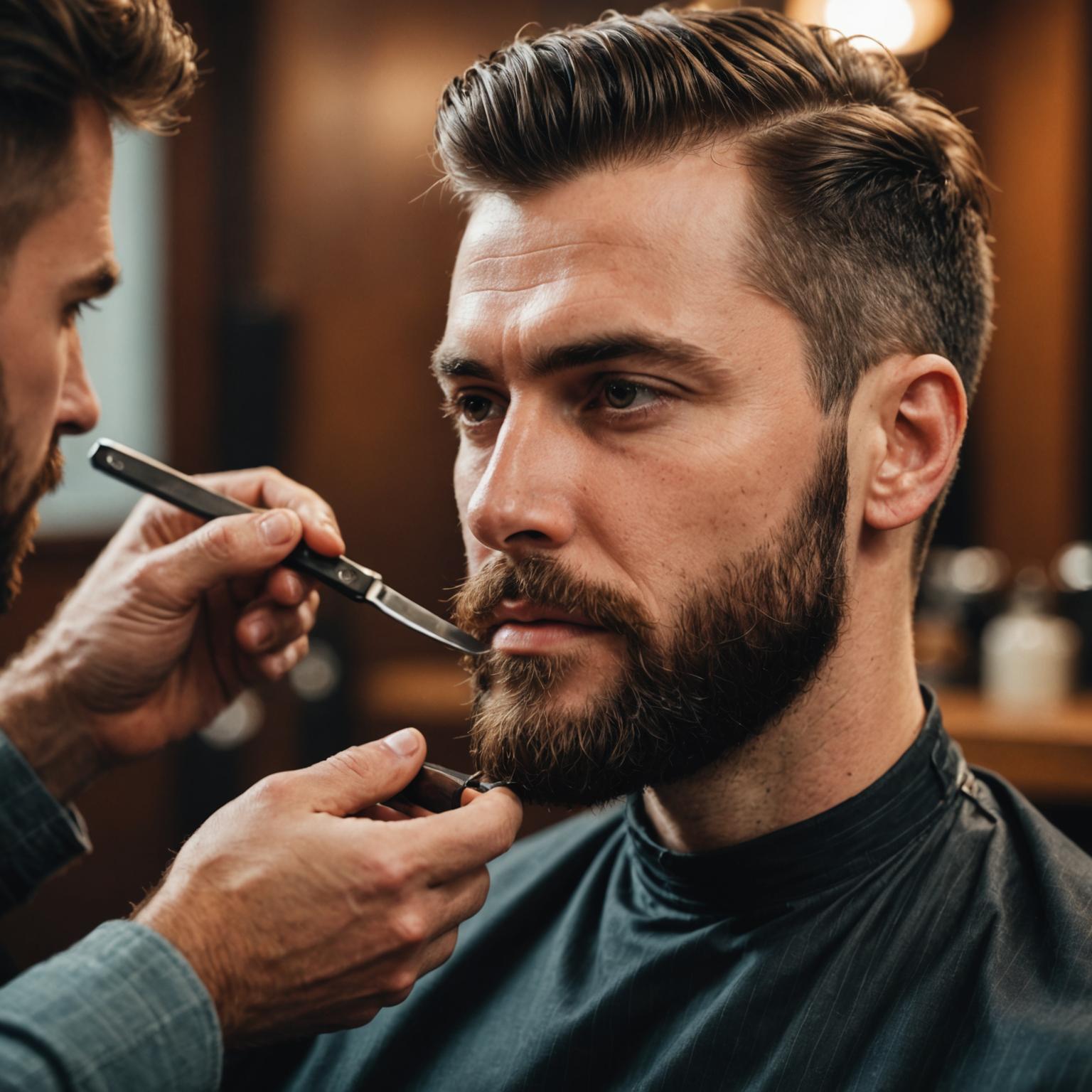 Close-up of a barber sculpting and shaping a client's beard with precision trimmers
