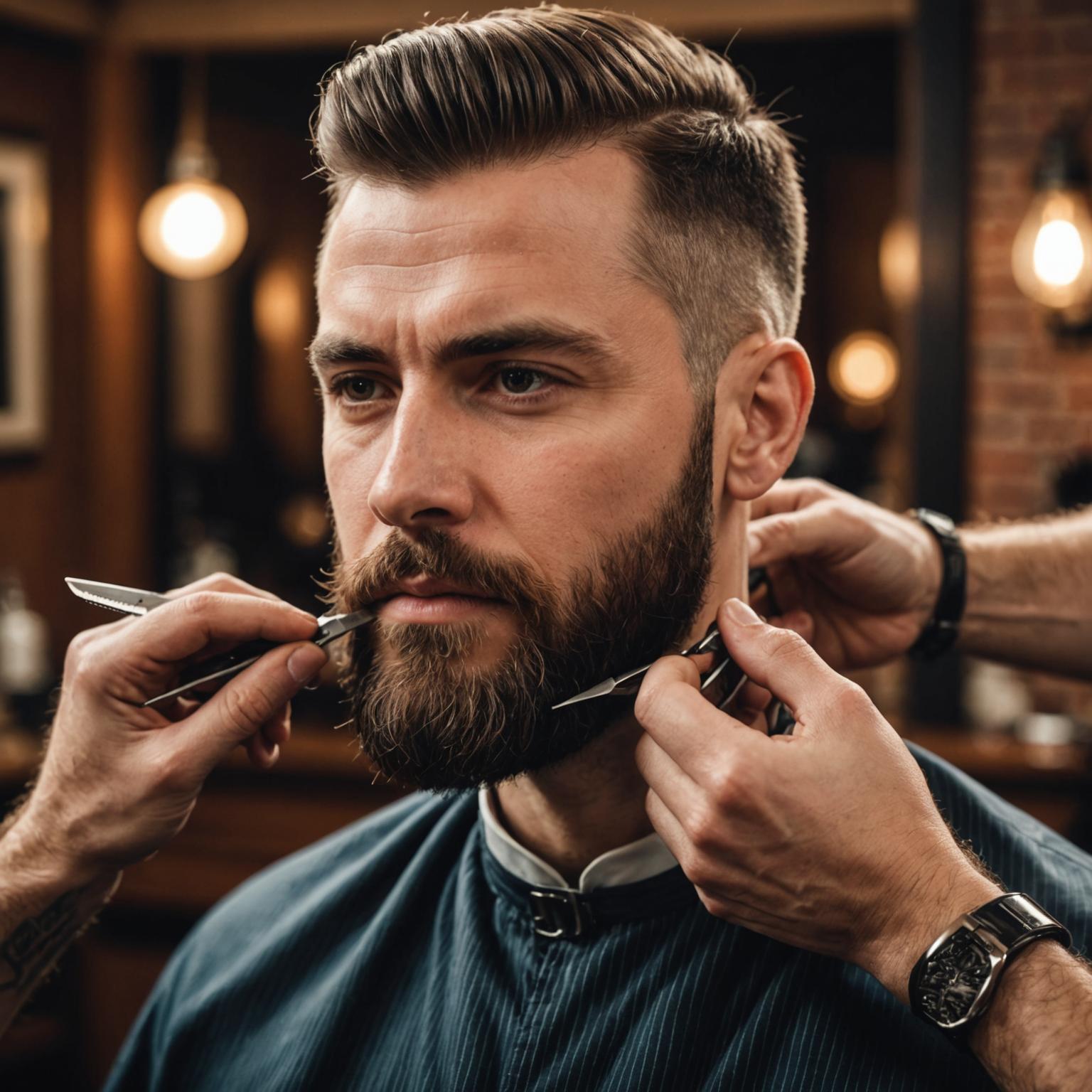 Close-up of a beard being shaped with clippers