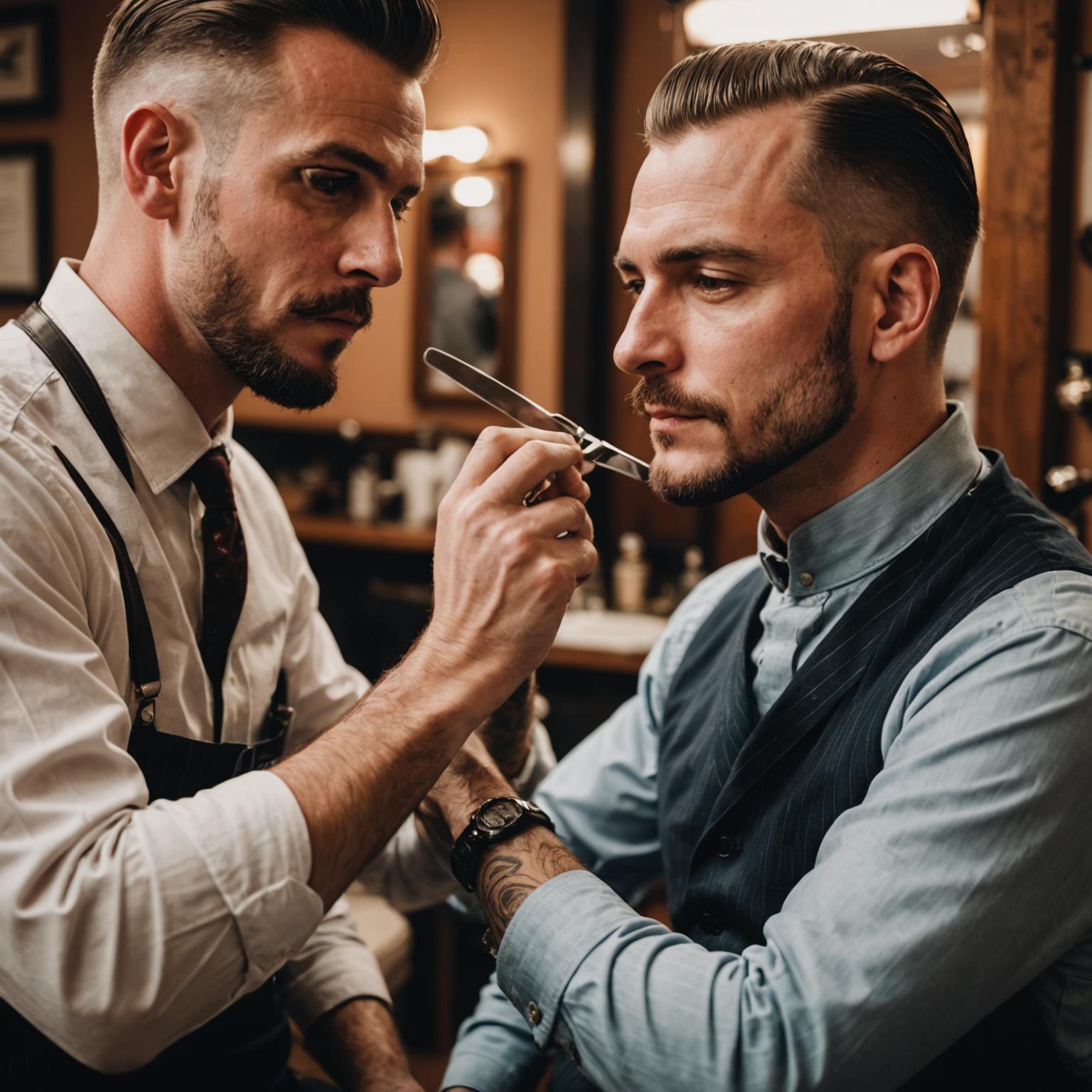 Barber performing a traditional straight razor shave with hot towel at HMB Barbers