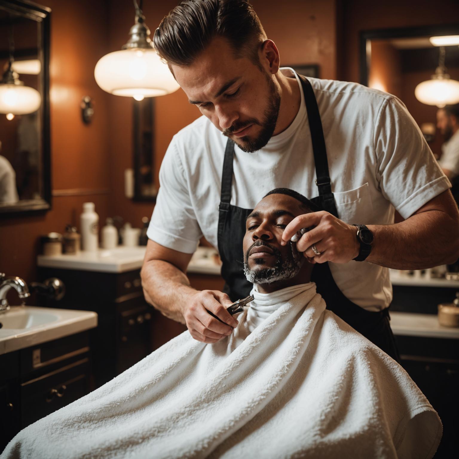 Barber applying a hot towel wrap during a traditional shave